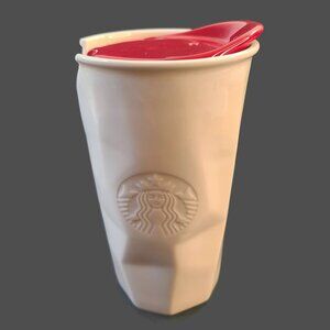 Starbucks 2013 White 10oz Crumpled Tumbler Travel Mug Ceramic Coffee Cup Red Lid